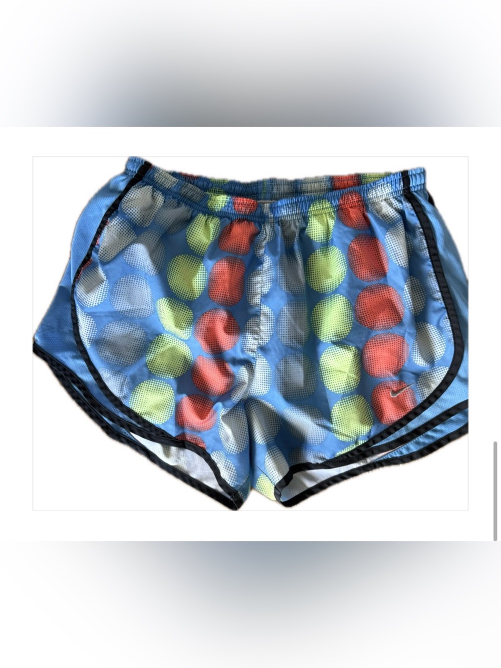 Nike Dri-Fit Blue Running Shorts with Red and Lime Dot Print